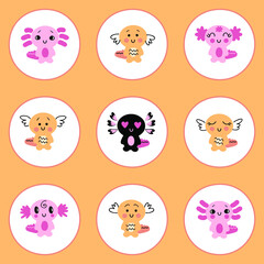 Hand drawn axolotls stickers collection. Perfect for story highlight, posters and print. Cartoon style vector set of nine cute salamander baby.
