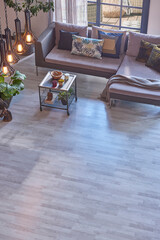 Grey sofa up shooting view, carpet parquet design middle table and vase of plant style.