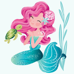 Cute mermaid illustration, children artworks, wallpapers, posters, greeting cards prints. 