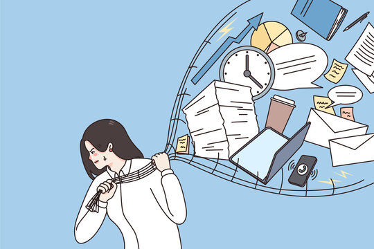 Decisive businesswoman keep routine deals in net take break from work take pause. Happy motivated woman employee prevent emotional burnout or work stress. Flat vector illustration. 