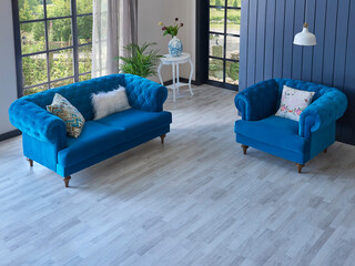 Carpet at home style with blue sofa parquet floor, home wall background lamp and table decoration.