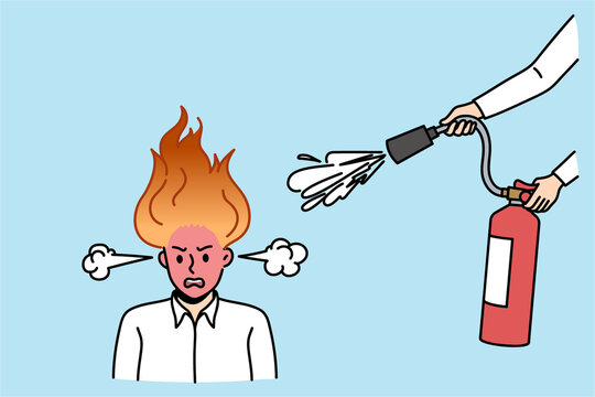 Emotional stress and over work concept. Stressed furious angry man office worker standing with human hand trying to water fire in his head vector illustration 