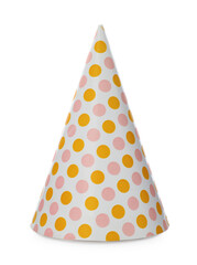 Bright party hat isolated on white. Festive accessory