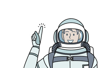 Working as cosmonaut and astronaut concept. Smiling man cosmonaut in special protective costume standing and showing finger feeling confident and excited vector illustration 