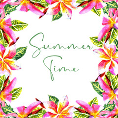 plumeria pink flowers and bright green leaves frame painted with watercolor. for creating cards, wedding invitations