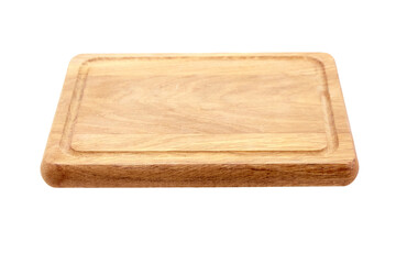Wooden chopping or serving board with juice gutter isolated on white