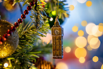 A little, golden Big Ben tower from London as a christmas ornament on a illuminated tree with selective focus - obrazy, fototapety, plakaty