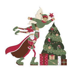 Santa and elf decorate the tree