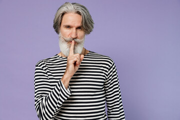 Elderly gray-haired mustache bearded man 50s wearing striped turtleneck say hush be quiet with...
