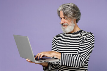 Elderly gray-haired mustache bearded man 50s wearing striped turtleneck hold use work on laptop pc computer isolated on plain pastel light purple background studio portrait. People lifestyle concept.