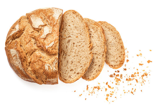 Wholegrain Organic  Bread with crumbs  isolated on white background.  Sliced, cutted wheat bread.