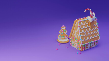 New 2022 Year is coming. Gingerbread house and christmas tree on blue background. 3d illustration - obrazy, fototapety, plakaty