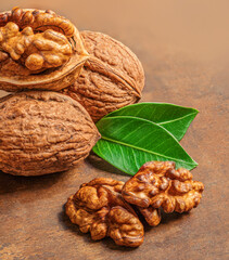Walnut. Fresh Walnut kernel Nut  on wooden background with copyspace. Top view.