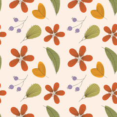 Botanical pattern, flowers and twigs in the style of doodling hand drawing. Vector illustration