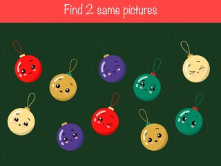 Find the same pictures - children educational game with cute christmas balls with faces. Vector illustration