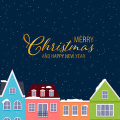 Naklejka premium Golden Merry Christmas and Happy New Year text with colorful buildings and snow. Vector illustration.