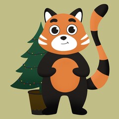 baby illustration - cute red panda and christmas tree
