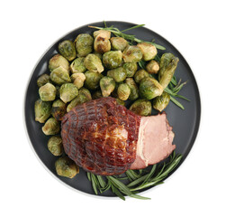 Delicious ham with brussels sprouts and rosemary isolated on white, top view