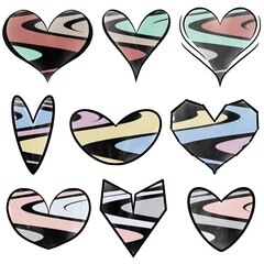 Multicoloured hearts with black contour and zigzag ornament in different shapes made with textured abstract brush. Valentine Day romantic illustration. Stylish minimalistic design