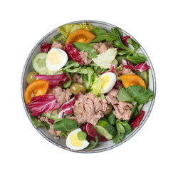Bowl of delicious salad with canned tuna and vegetables on white background, top view