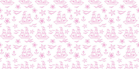 Seamless pattern with sailship, anchor, and flowers. Cute Marine pattern for fabric, baby clothes, background, textile, wrapping paper, and other decoration. Vector illustration. pink pastel colors.