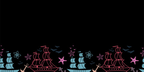 Seamless pattern with sailship, anchor, and flowers. Cute Marine pattern for fabric, baby clothes, background, textile, wrapping paper, and other decoration. Vector illustration. background and border