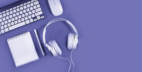 banner on very peri lavender purple lilac background, flat layout, home office, online training, webinars, seminars, blogging training.