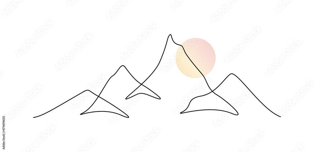 Aufkleber One continuous line drawing of mountain range landscape with color sun. Abstract scandinavian ridges and hills in doodle style. Modern panoramic sketch. Linear vector illustration