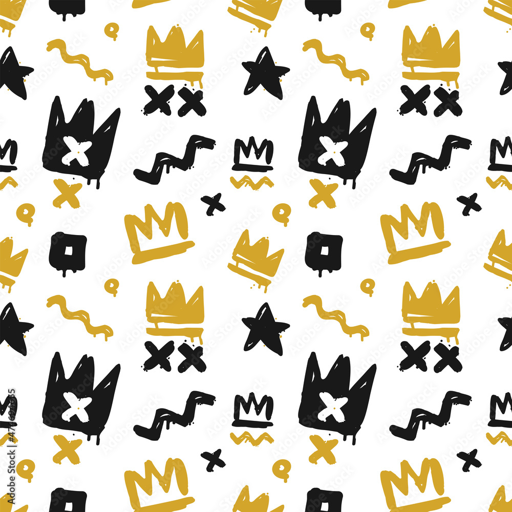 Poster abstract graffiti art seamless pattern of squiggle and crown tags doodle vector. graffiti style vect