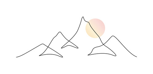 One continuous line drawing of mountain range landscape with color sun. Abstract scandinavian ridges and hills in doodle style. Modern panoramic sketch. Linear vector illustration