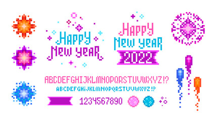 Happy New Year 2022 Pixel Art greeting card with pink text and blue Christmas ornament isolated on white. 2022 New Year 8-bit retro game style. Fireworks set of petard  cartoon sparkler and explosion 