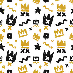 Abstract graffiti art seamless pattern of squiggle and crown tags doodle vector. Graffiti style vector background for print fabric and textile design. Street art seamless pattern