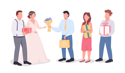 Obraz premium Newlyweds exept gifts semi flat color vector characters. Interacting figures. Full body people on white. Wedding isolated modern cartoon style illustration for graphic design and animation