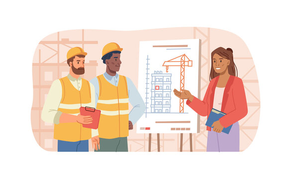 Engineer or main architect presenting construction plans or sketches to builders. Team with foreman looking at building, cooperation with professionals and skilled specialists. Vector in flat style