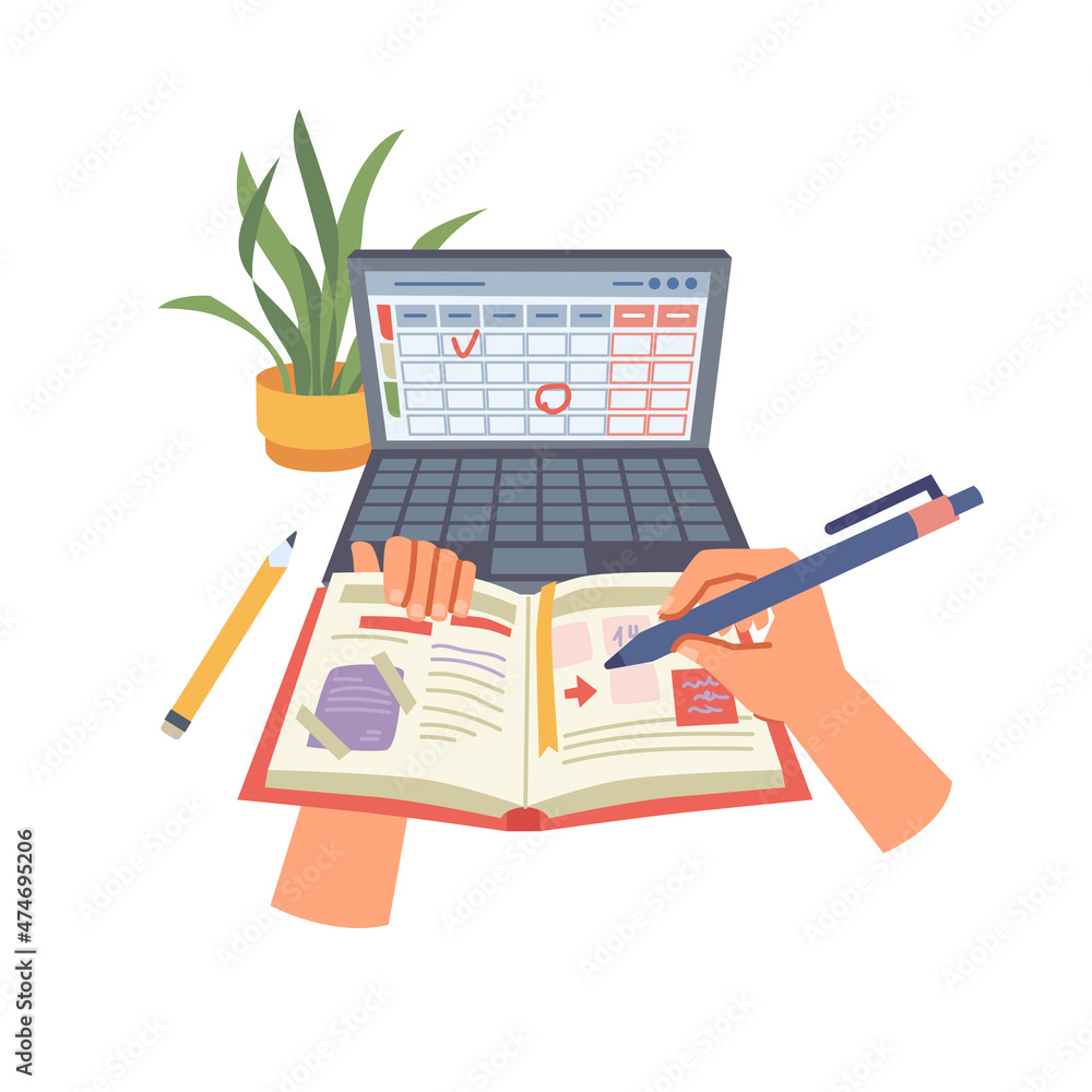 Aufkleber Organization and management of tasks and workflow, laptop with application of calendar showing deadlines and assignments. School schedule for educational purposes or business tool, vector in flat