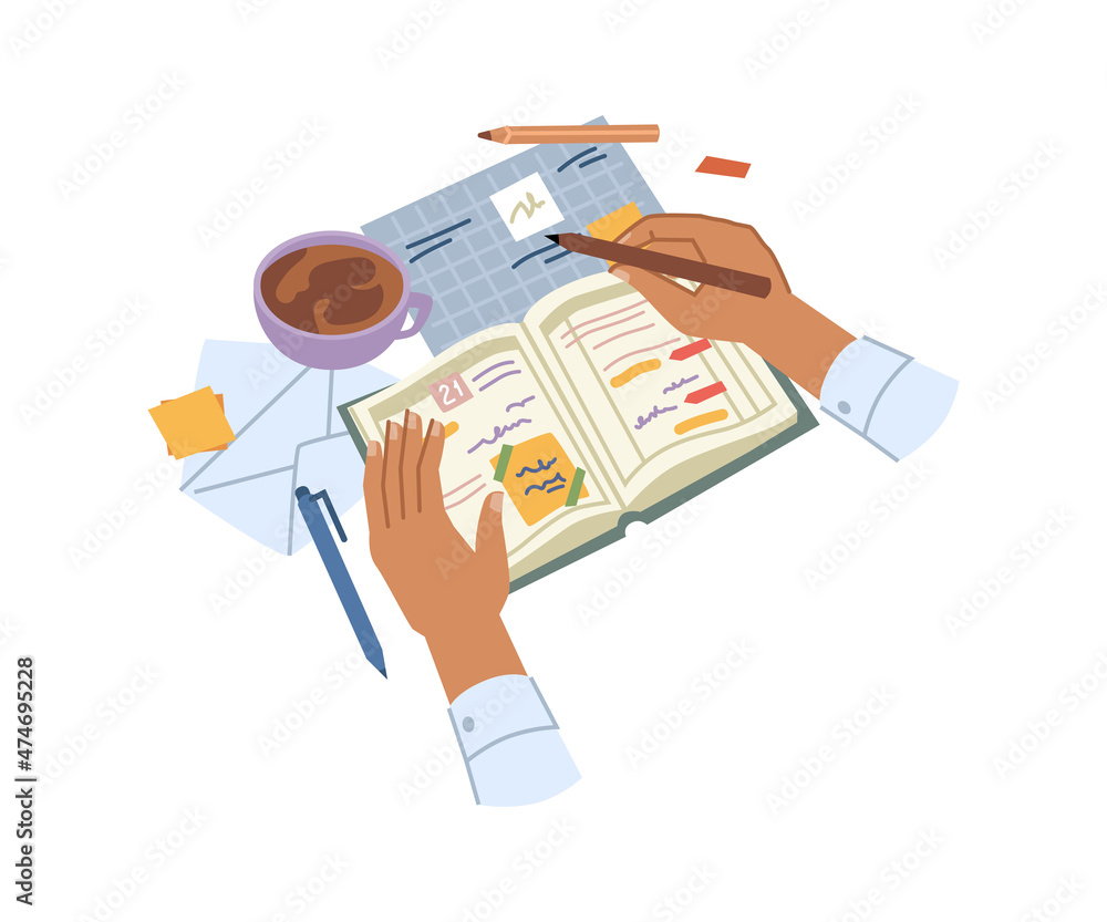 Poster Writing in diary or organizer for work task completion or school assignments visibility. Leaving notes and marks in planner or journal. Drinking cup of coffee, morning routine with to do lists, vector
