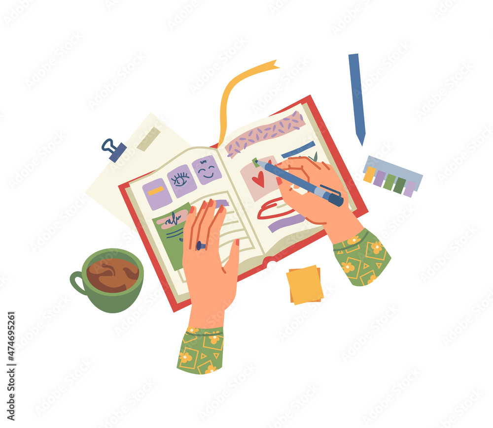 Poster diary or journal of teenage girl, textbook with notes and marks by cup of coffee. female character r