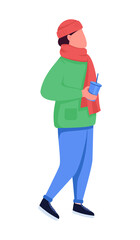 Guy walking in cold weather semi flat color vector character. Dynamic figure. Full body person on white. Winter outdoor isolated modern cartoon style illustration for graphic design and animation