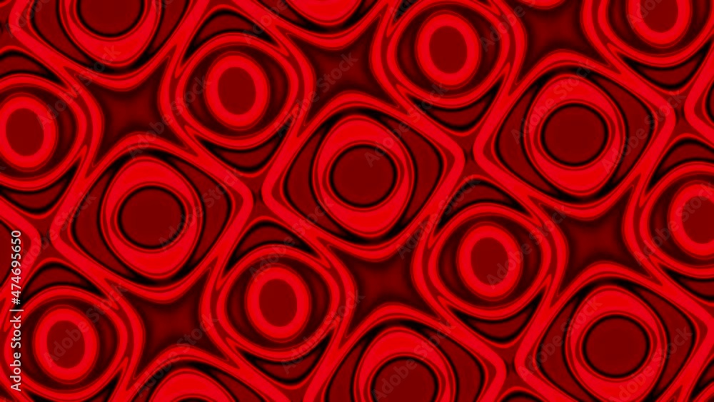 Poster digital abstract animation with kaleidoscopic red transforming circles. design. rotating changing su