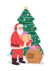 Santa near Christmas tree semi flat color vector character. Dynamic figure. Full body person on white. Noel isolated modern cartoon style illustration for graphic design and animation