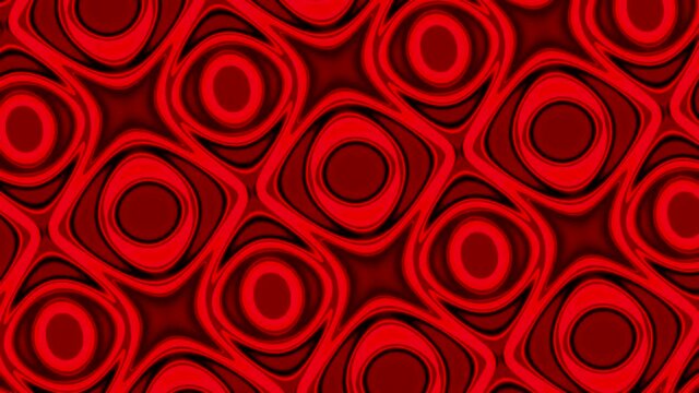 Digital abstract animation with kaleidoscopic red transforming circles. Design. Rotating changing surface with geometric silhouettes becoming straight parallel lines.