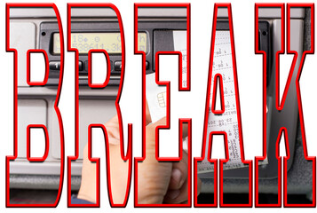 Digital tachograph and drivers hand holding print with driving times of the day. BREAK clipping...