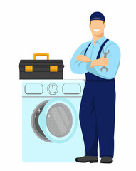 Smiling repairman in uniform stands next to the washing machine and holds his hands on his chest. There is a wrench in his hand. Repair of household appliances. Vector Illustration in flat style.