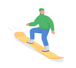 Fototapeta na wymiar Man ride on snowboard semi flat color vector character. Posing figure. Full body person on white. Winter fun sport isolated modern cartoon style illustration for graphic design and animation