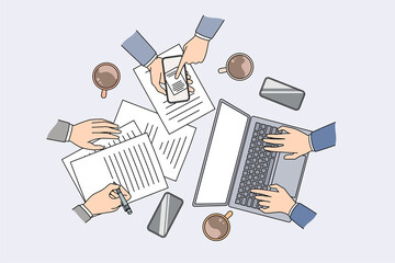 Teamwork technologies and brainstorm concept. Flat-lay of human colleagues hands making notes working on laptop and using phone for business vector illustration 
