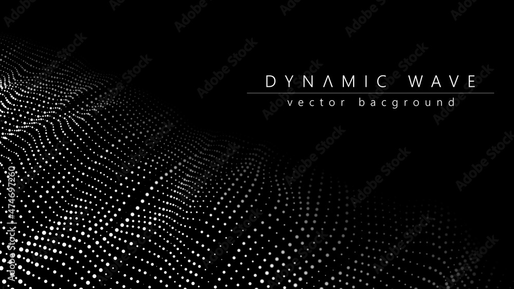 Poster wave of particles. technology background concept dynamic wave vector illustration. futuristic point 