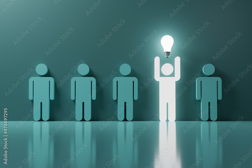 Poster Glowing human hand rise up with lightbulb among normal blue human icons for creative thinking idea and smart problem solving solution concept by 3d rendering.