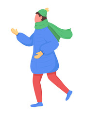 Happy man in winter coat semi flat color vector character. Dynamic figure. Full body person on white. Wintertime isolated modern cartoon style illustration for graphic design and animation