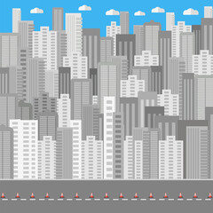 Fototapeta premium Striped Red Traffic Cone Icon Isolated on Sity Background. Architectural Building. Urban Landscape. Street and Road.