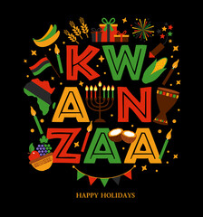 Vector illustration of Kwanzaa. Holiday african symbols with lettering on black background.
